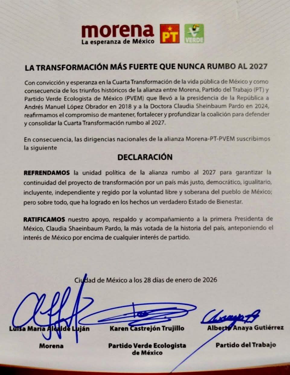 Partido Verde refrenda alianza y confirma presencia en el proceso electoral 2027